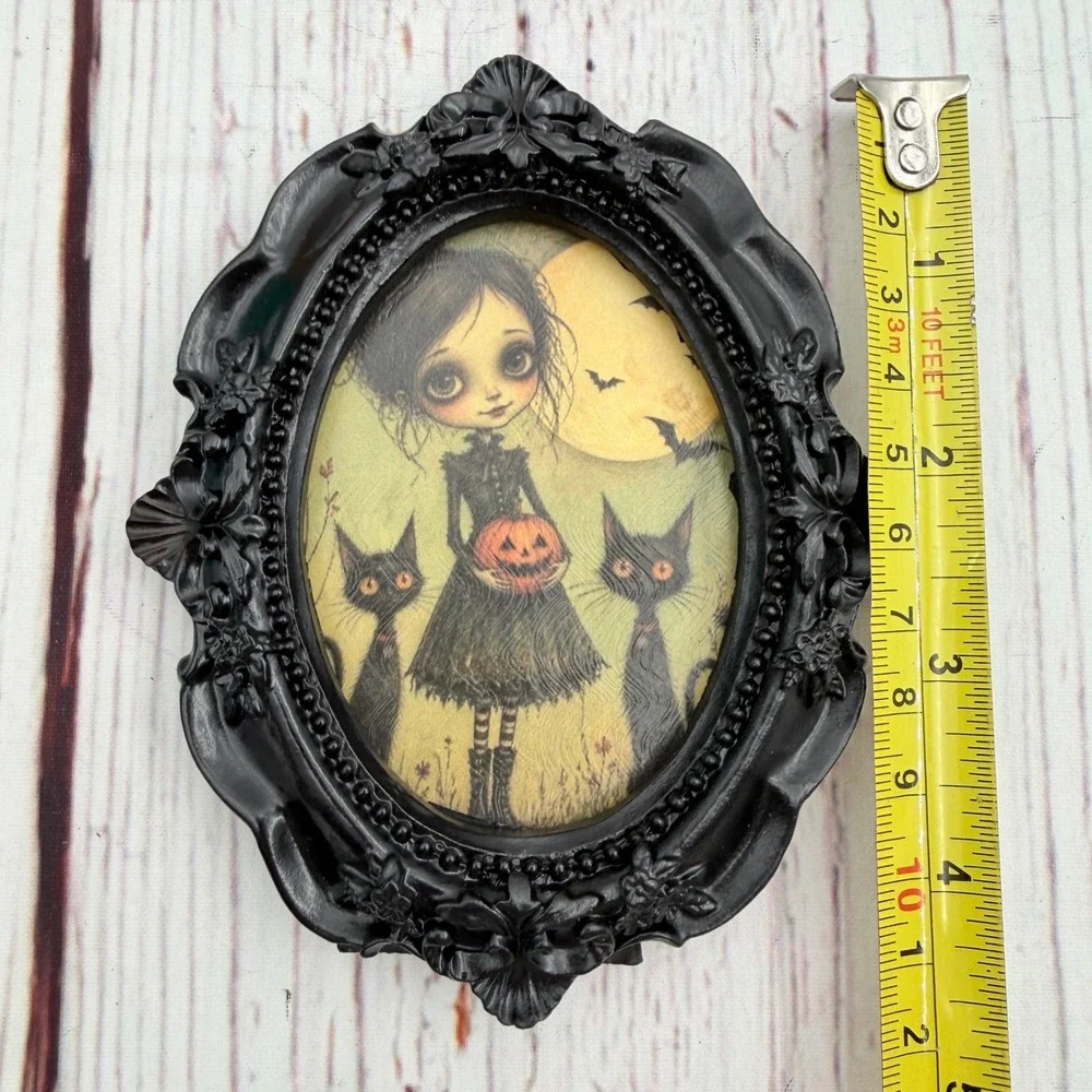 Handmade Gothic Halloween Girl Black Cats Decoupage Art Ornate Resin Frame